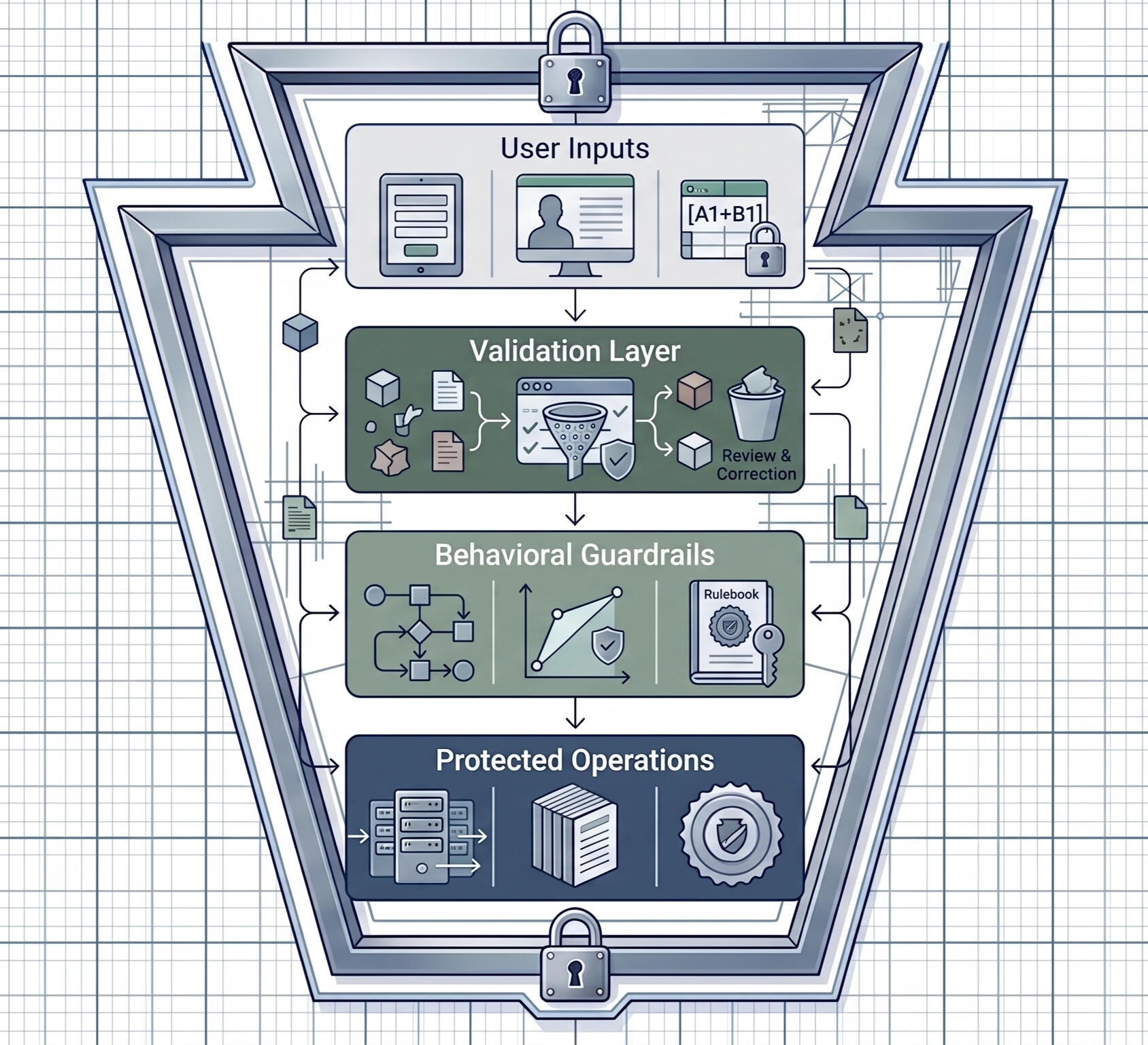 Workflow Design **User Input** ↓ **Validation Layer** ↓ **Guardrails** ↓ **Protected System**